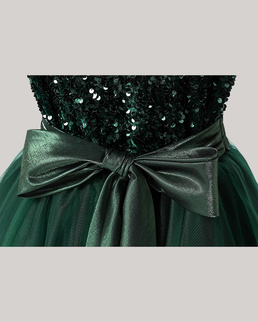 Dark Green Sequin Tulle A-line Girls Formal Dress Front View