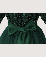 Dark Green Sequin Tulle A-line Girls Formal Dress Back View