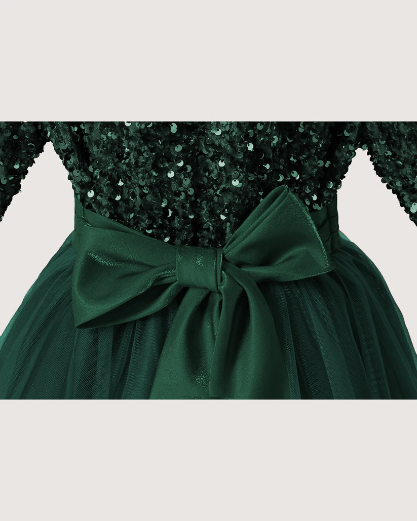 Dark Green Sequin Tulle A-line Girls Formal Dress Back View