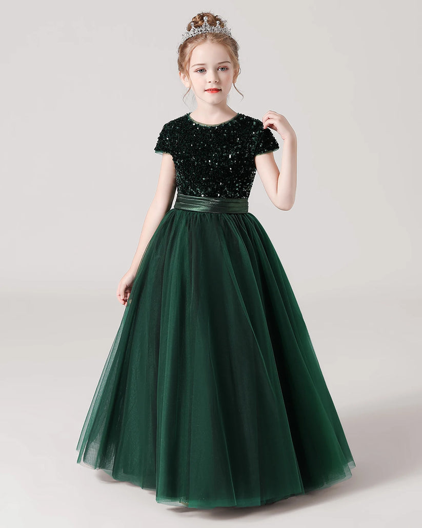 Dark Green Tulle A-line Girls Formal Dress Front View