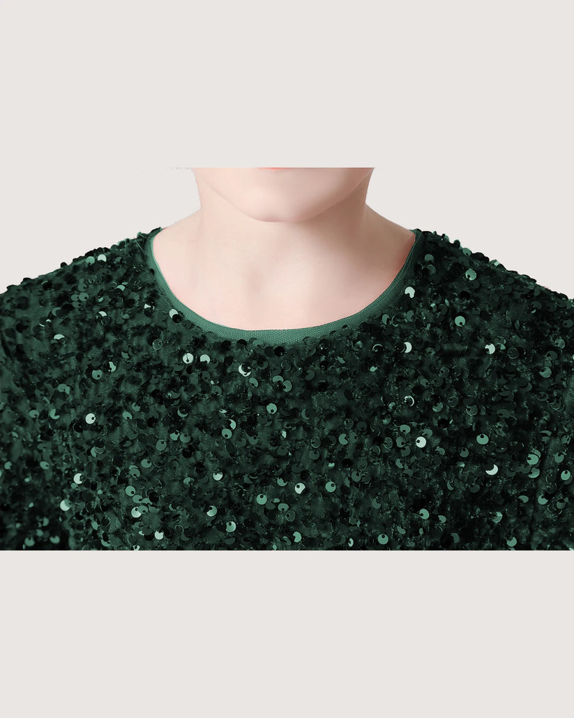 Dark Green Sequin A-line Girls Formal Dress Front View