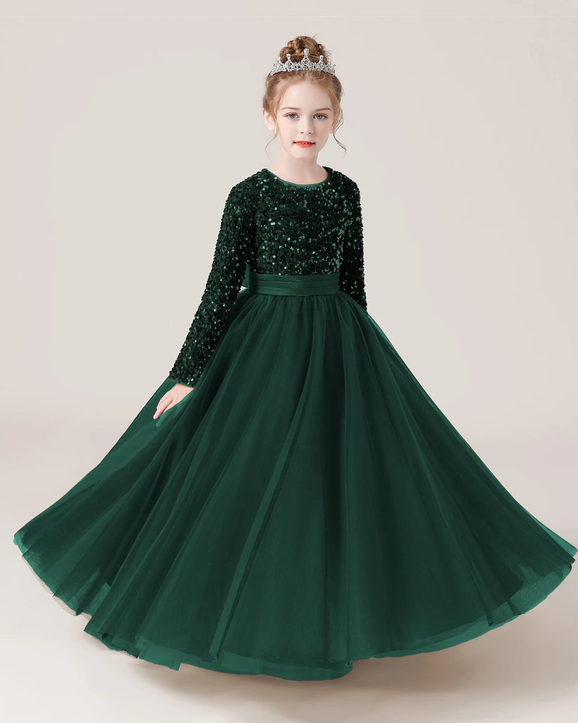 Dark Green Tulle A-line Girls Formal Dress Front View