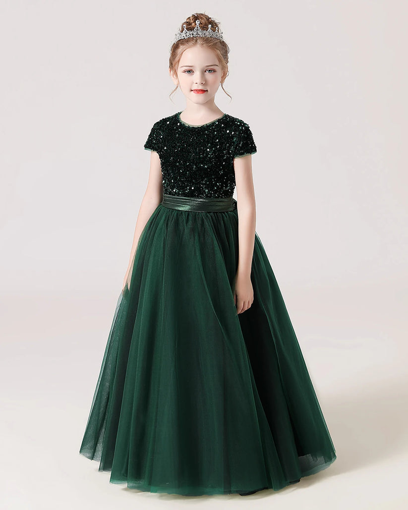 Dark Green Tulle A-line Girls Formal Dress Front View