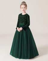 Dark Green Sequin Tulle A-line Girls Formal Dress Front View