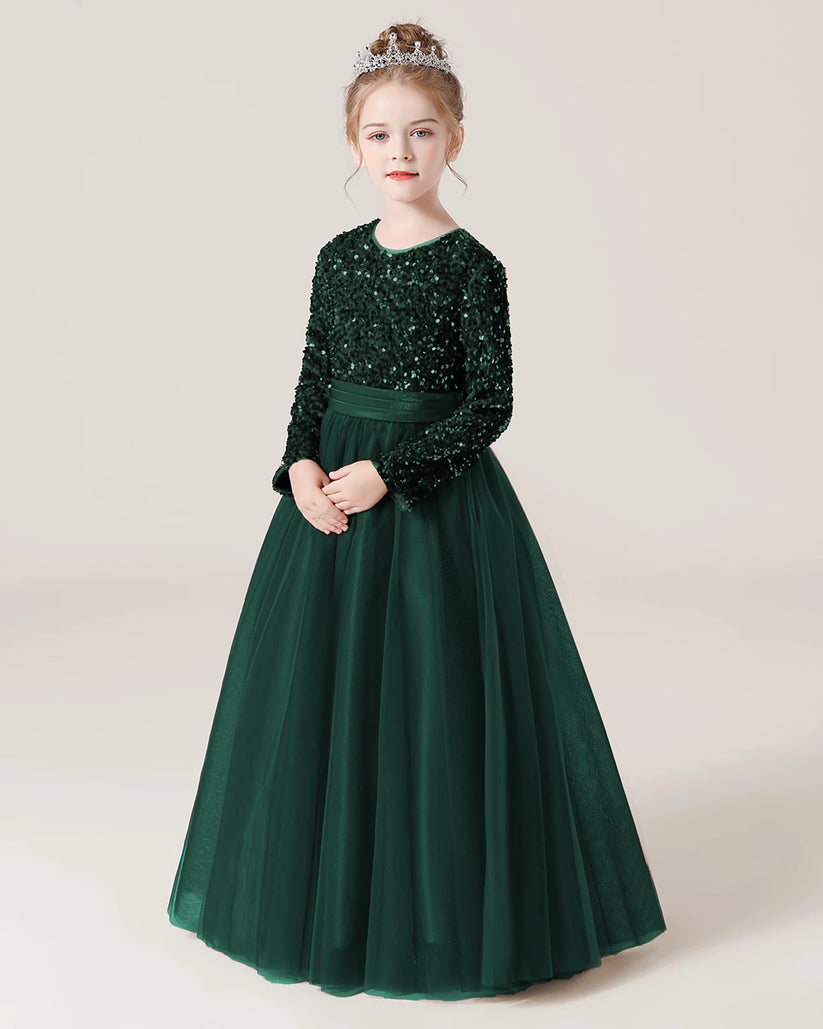 Dark Green Sequin Tulle A-line Girls Formal Dress Front View