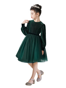 Dideyttawl Spring Girls Short Velvet Girls Formal Dress Elegant Formal Dress Lantern Long Sleeves Girls Birthday Party Dress