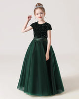 Dark Green Tulle A-line Girls Formal Dress Front View