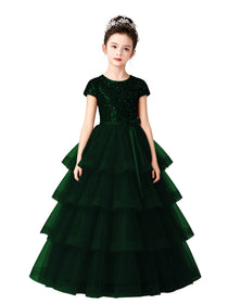 Dideyttawl Champagne Pageant Dress Sequin Tiered Tulle Ball Gown