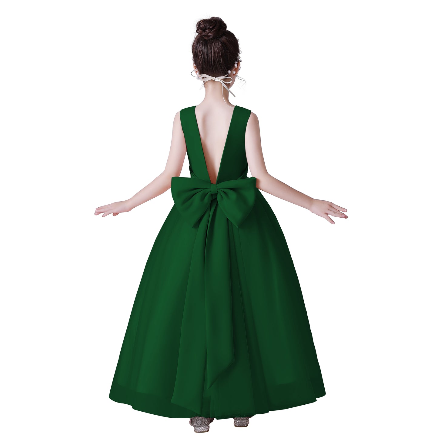 Dideyttawl Big Bow V-Back Satin Tulle Flower Girl Dress with Pearls Puffy Princess Ball Gown