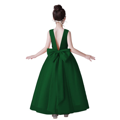 Dideyttawl Big Bow V-Back Satin Tulle Flower Girl Dress with Pearls Puffy Princess Ball Gown