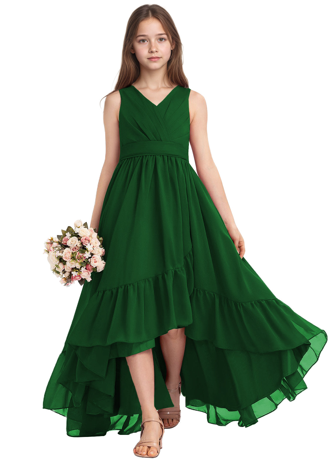dideyttawl A-Line High Low Flower Girls Dress Long V-Neck Junior Bridesmaid Dresses for Teens Pleated Chiffon 2511
