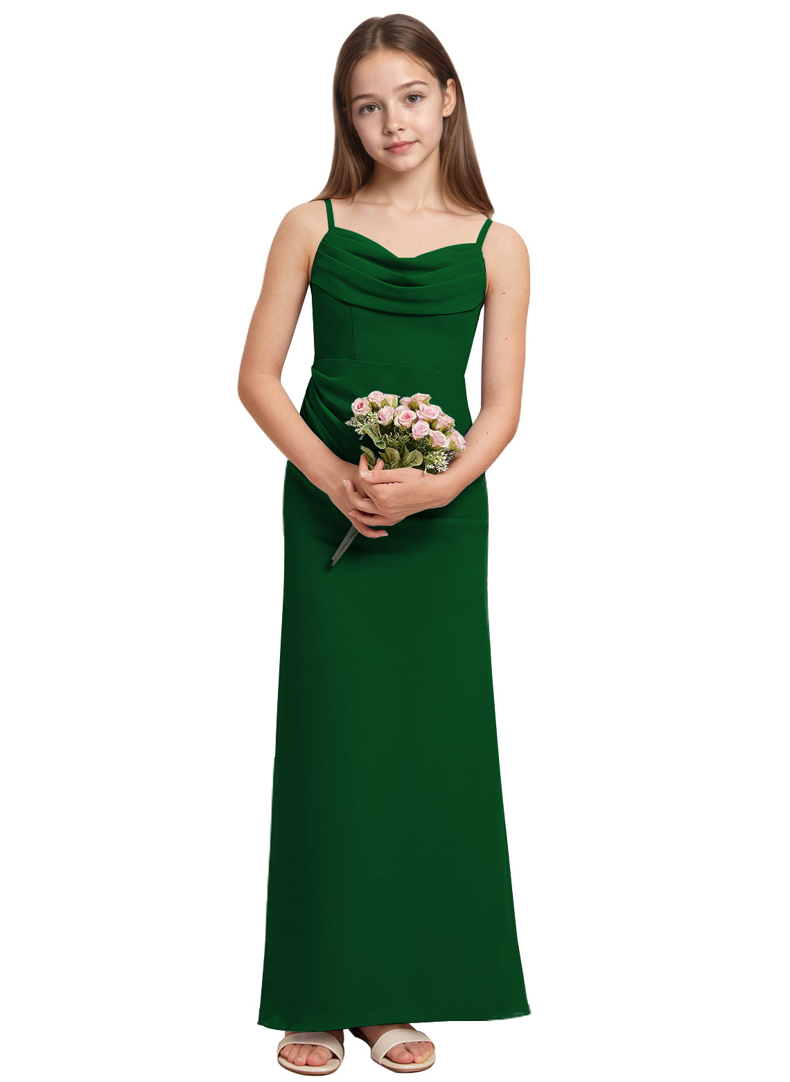 dideyttawl Long Sheathe Junior Bridesmaid Dresses for Girls Chiffon A-Line Ruched Cowl Neck Wedding Flower Girls Dress 2512
