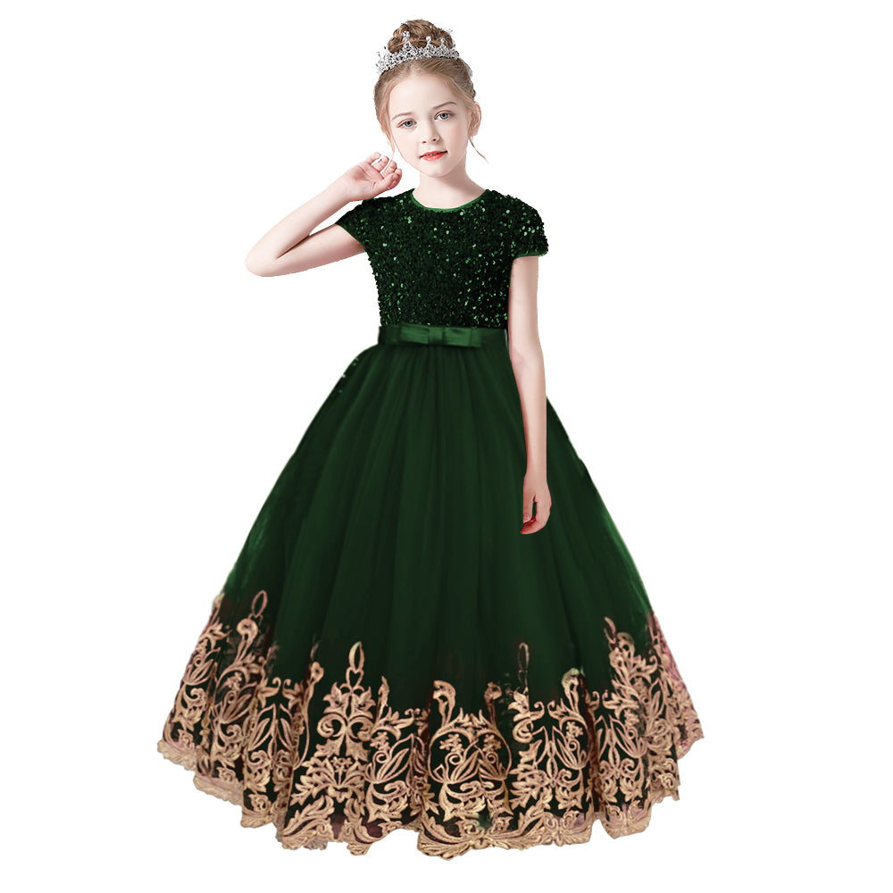 Flower Girls Dress Gold Embroidery Appliqued Puff Tulle Short Sleeves Sequins Party Dress