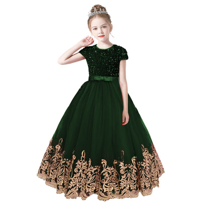 Flower Girls Dress Gold Embroidery Appliqued Puff Tulle Short Sleeves Sequins Party Dress