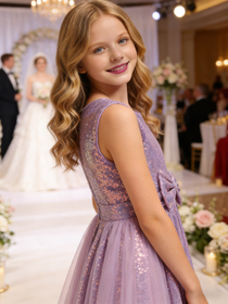 Dideyttawl Lavender Glitter Tulle Girls Formal Dress Bow Waist Princess Ball Gown