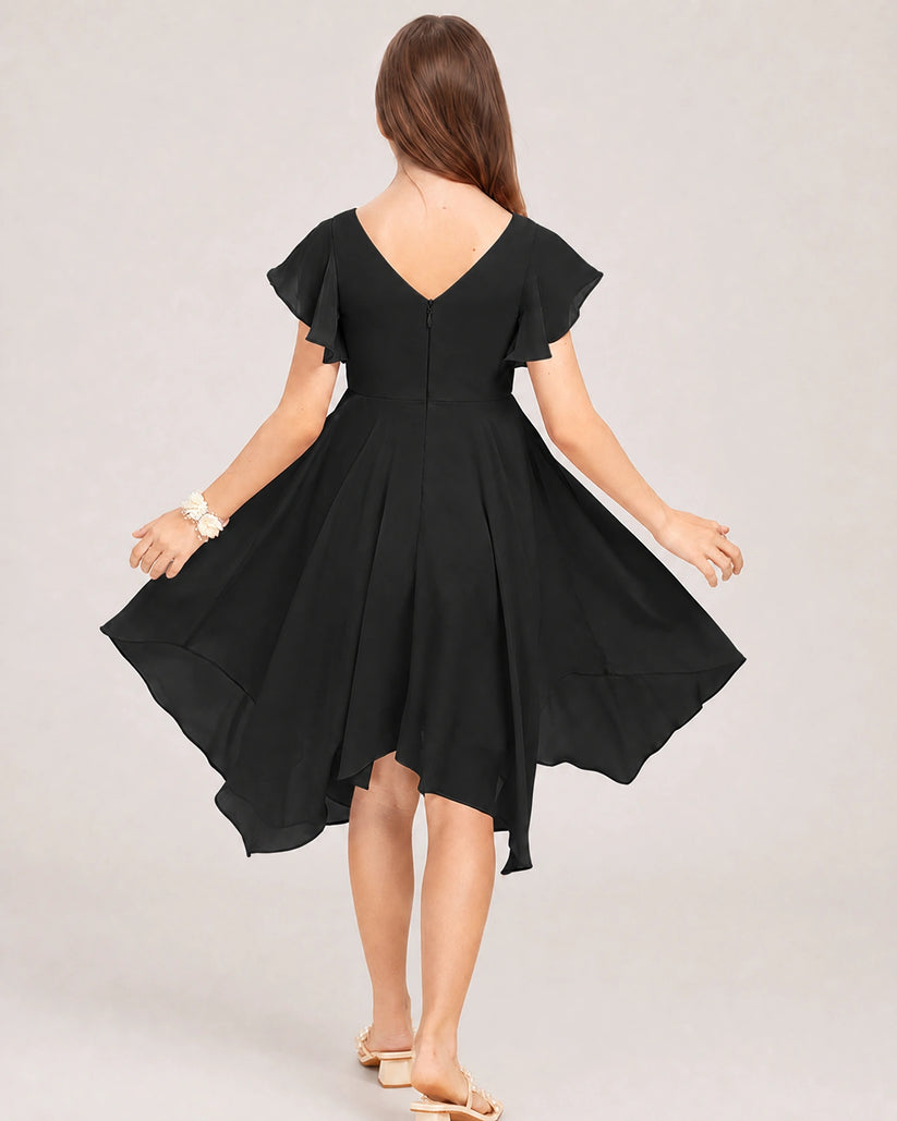 Black Chiffon A-line Junior Bridesmaid Dress Back View