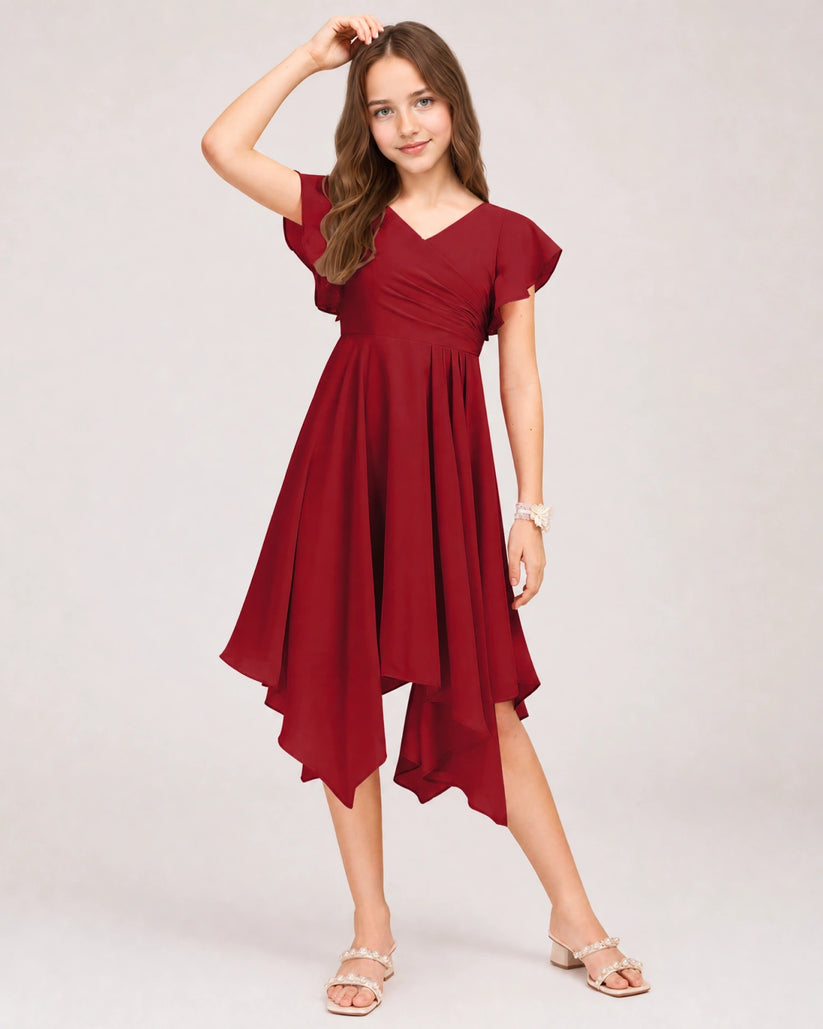 Burgundy Chiffon A-line Junior Bridesmaid Dress Front View