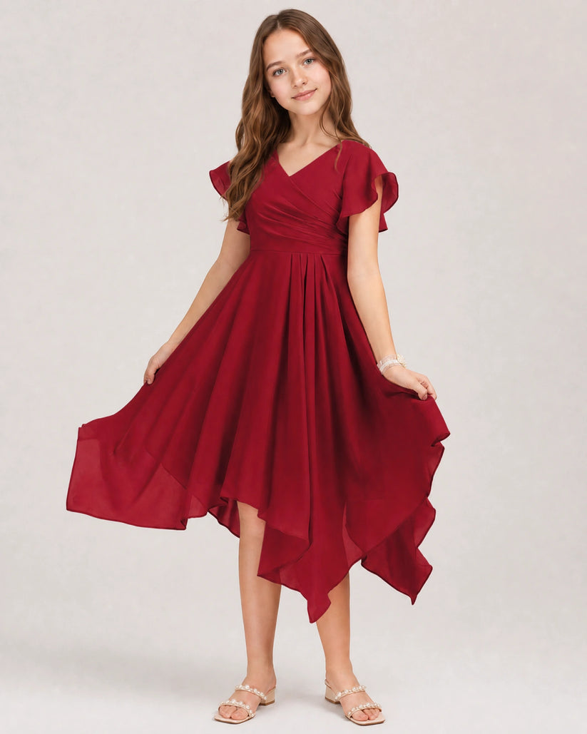 Burgundy Chiffon A-line Junior Bridesmaid Dress Front View