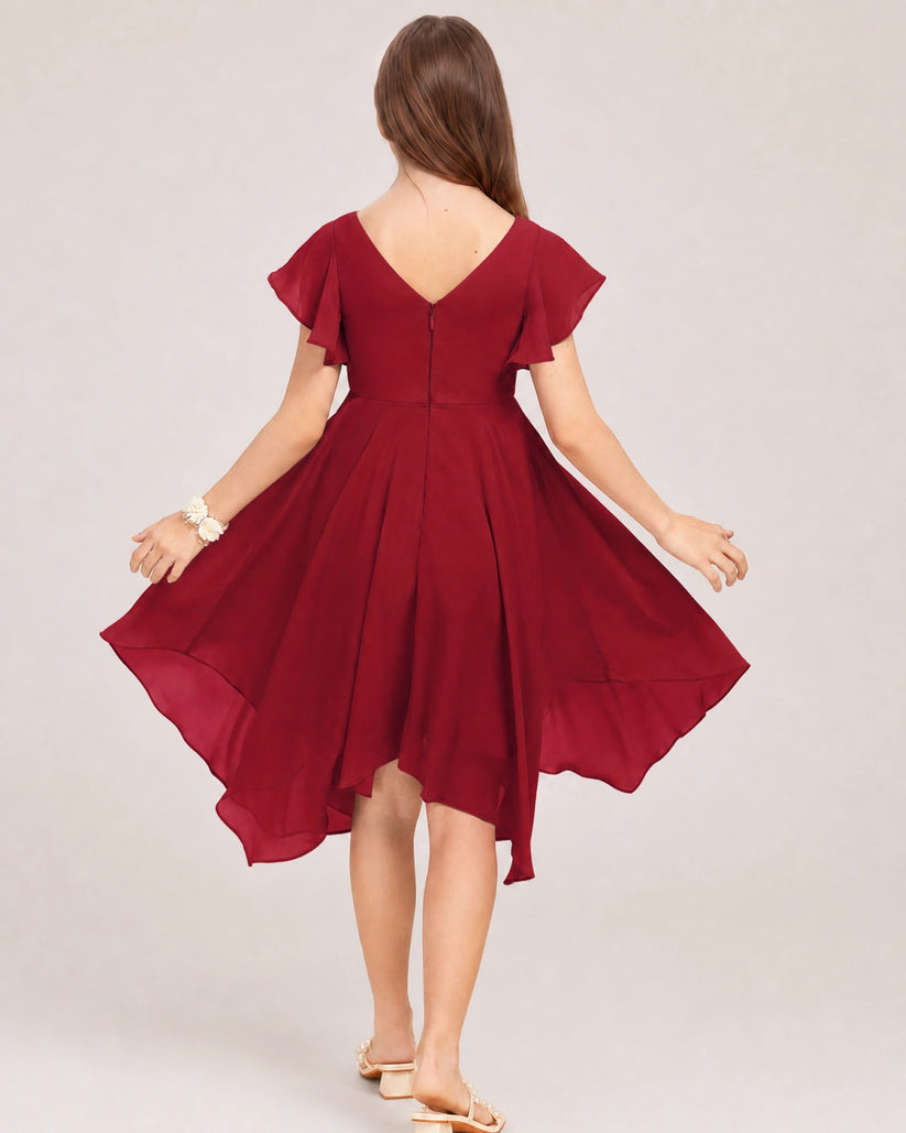 Burgundy Chiffon A-line Junior Bridesmaid Dress Back View