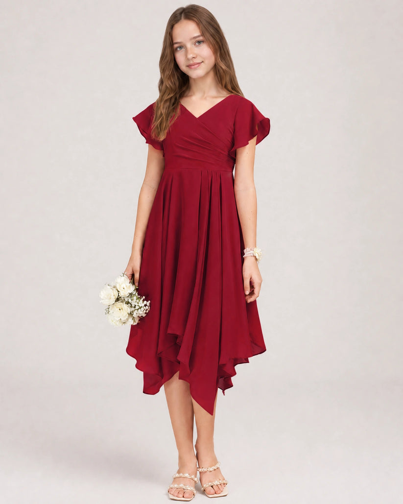 Burgundy Chiffon A-line Junior Bridesmaid Dress Front View