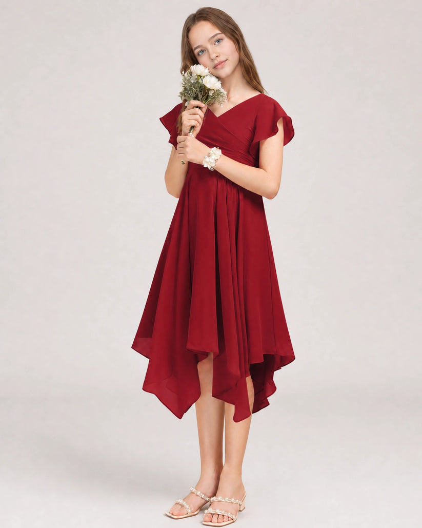 Burgundy Chiffon A-line Junior Bridesmaid Dress Front View
