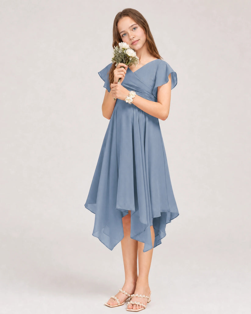 Dusty Blue Chiffon A-line Junior Bridesmaid Dress Front View
