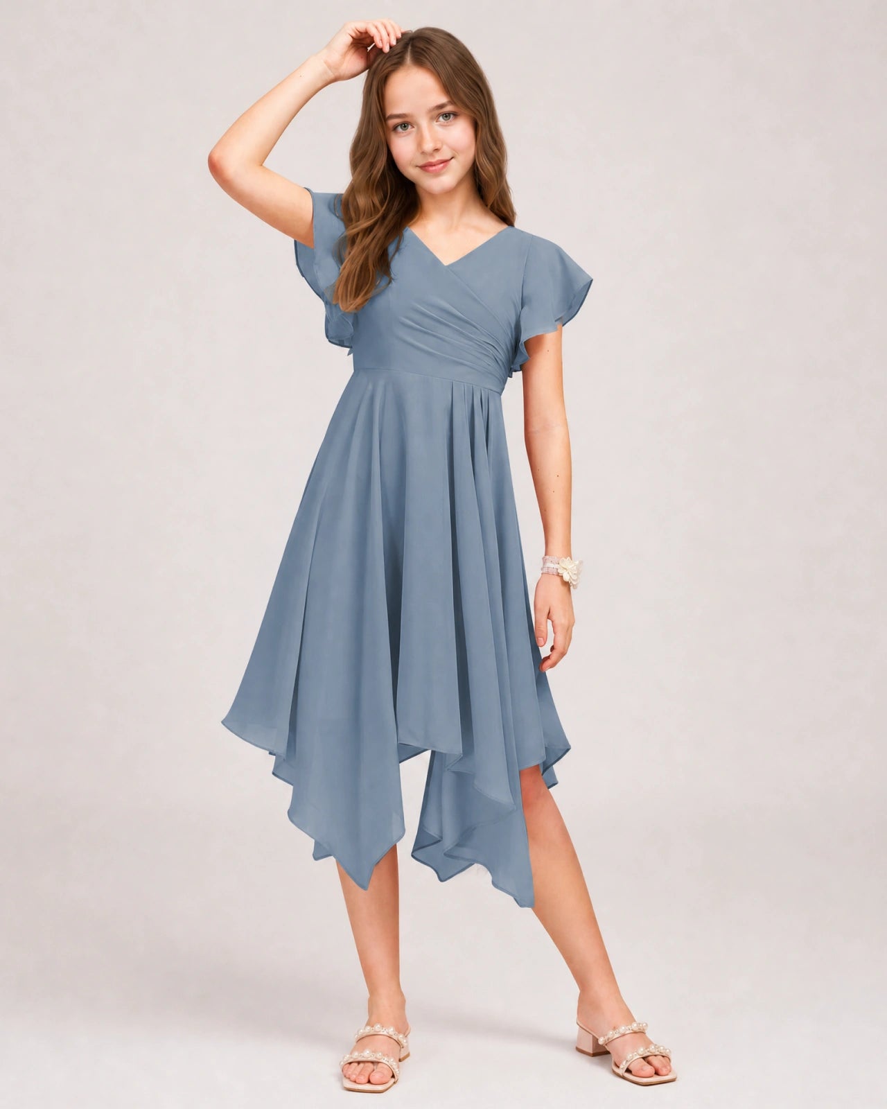 Dusty Blue Front Chiffon Short Junior Bridesmaid Dress