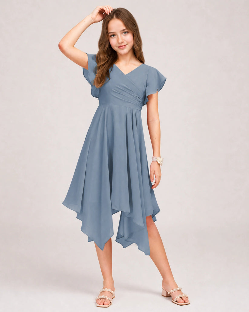Dusty Blue Chiffon A-line Junior Bridesmaid Dress Front View