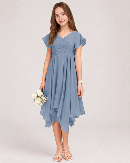 Dusty Blue Front Chiffon Short Junior Bridesmaid Dress