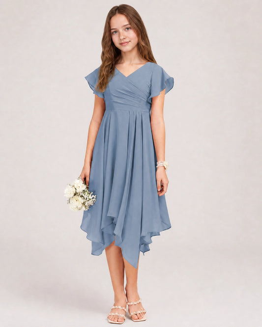 Dusty Blue Chiffon A-line Junior Bridesmaid Dress Front View