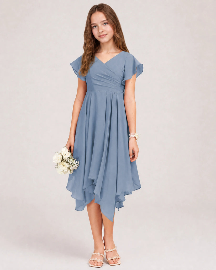 Dusty Blue Chiffon A-line Junior Bridesmaid Dress Front View