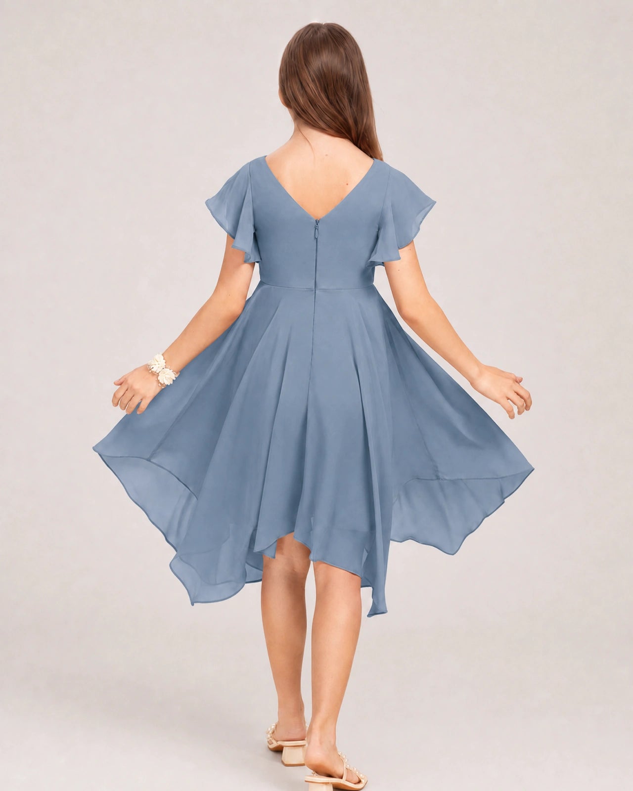 Dusty Blue Back Chiffon Short Junior Bridesmaid Dress