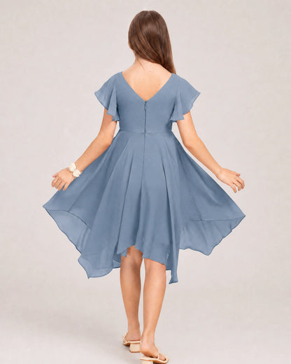 Dusty Blue Back Chiffon Short Junior Bridesmaid Dress