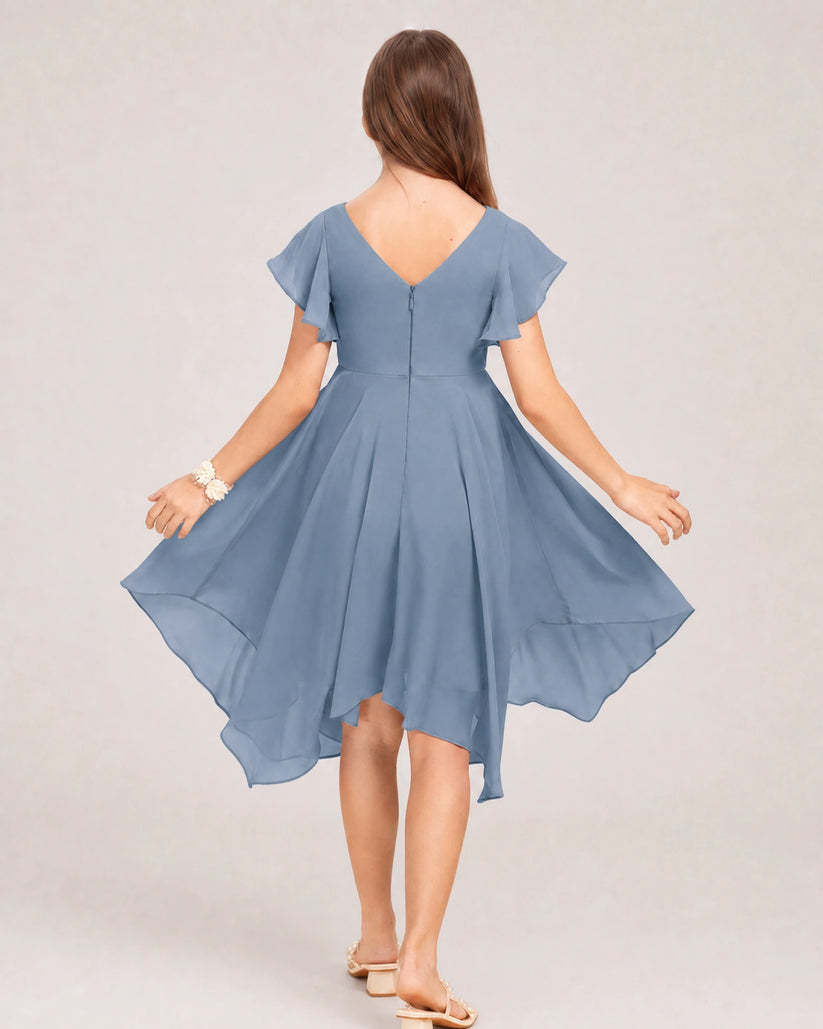 Dusty Blue Chiffon A-line Junior Bridesmaid Dress Back View