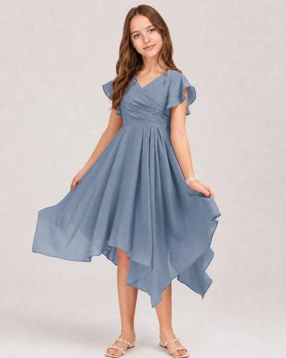 Dusty Blue Front Chiffon Short Junior Bridesmaid Dress