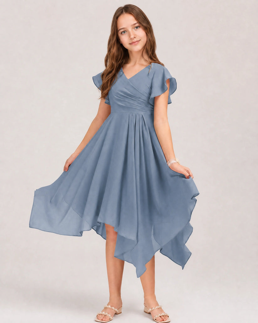 Dusty Blue Chiffon A-line Junior Bridesmaid Dress Front View