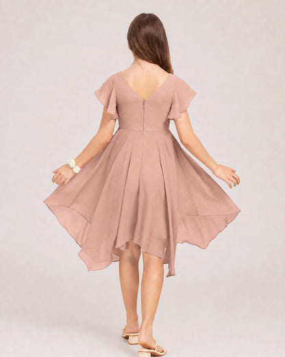 Dusty Rose Back Chiffon Short Junior Bridesmaid Dress