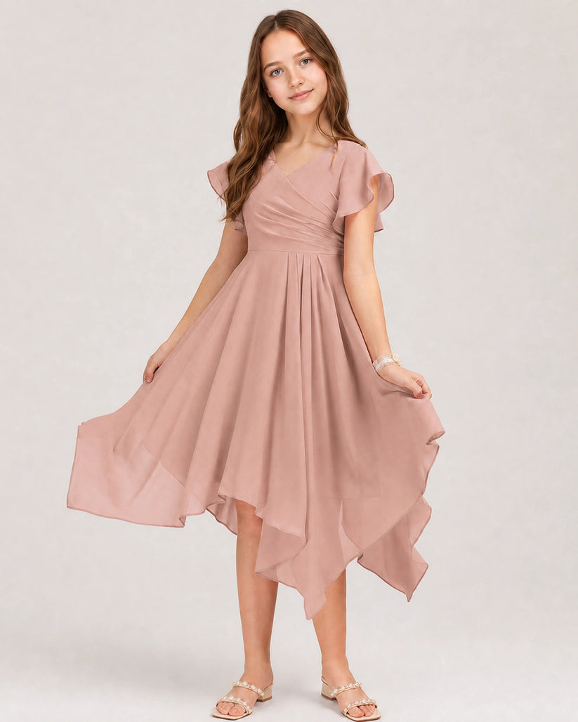 Dusty Rose Chiffon A-line Junior Bridesmaid Dress Front View