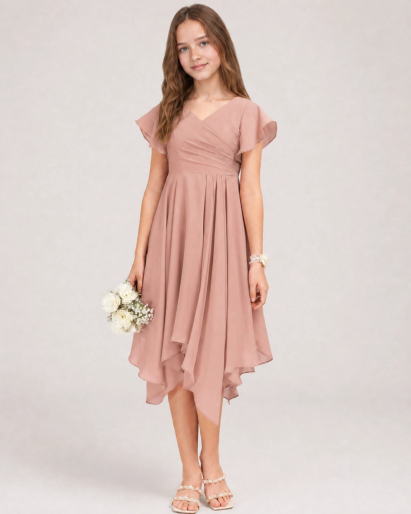 Dusty Rose Chiffon A-line Junior Bridesmaid Dress Front View