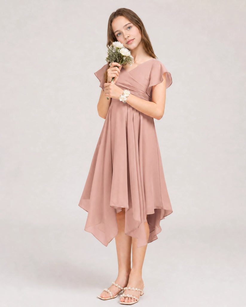 Dusty Rose Chiffon A-line Junior Bridesmaid Dress Front View