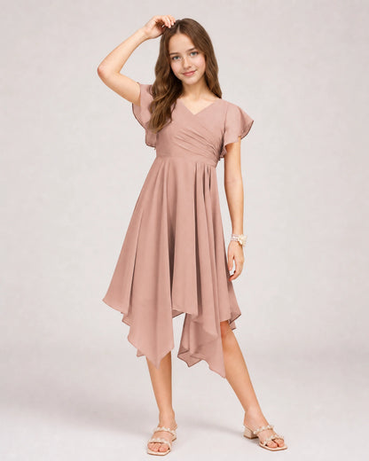Dusty Rose Front Chiffon Short Junior Bridesmaid Dress