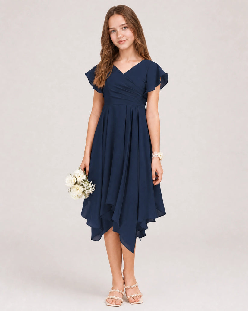 Navy Blue Chiffon A-line Junior Bridesmaid Dress Front View