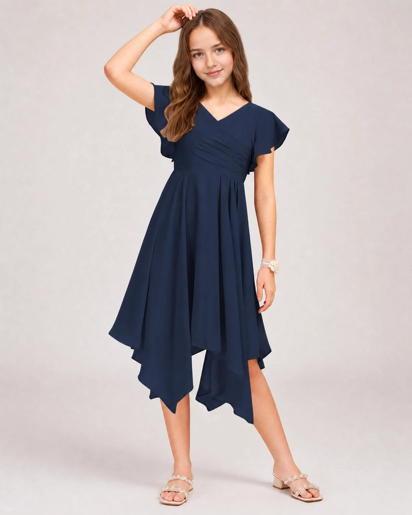 Navy Blue Chiffon A-line Junior Bridesmaid Dress Front View