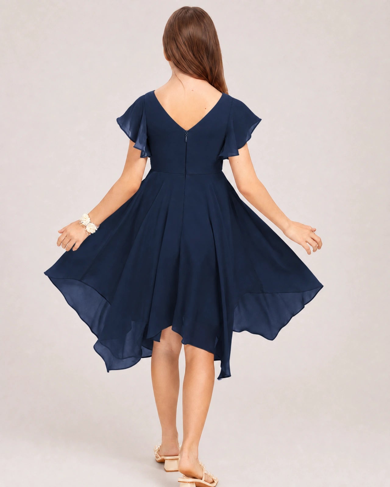 Navy Blue Back Chiffon Short Junior Bridesmaid Dress