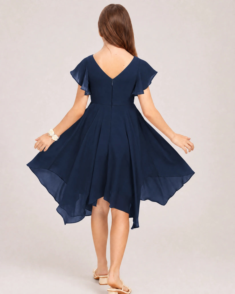 Navy Blue Chiffon A-line Junior Bridesmaid Dress Back View