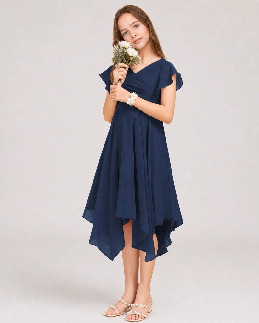 Navy Blue Chiffon A-line Junior Bridesmaid Dress Front View