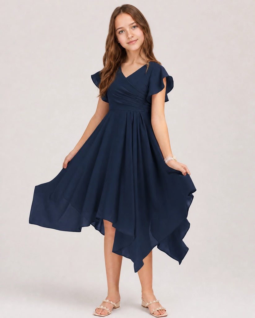 Navy Blue Chiffon A-line Junior Bridesmaid Dress Front View