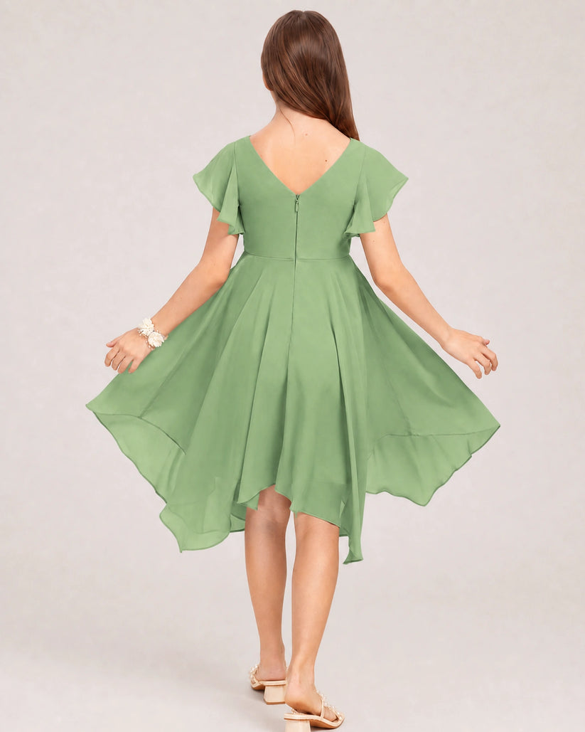 Sage Green Chiffon A-line Junior Bridesmaid Dress Back View