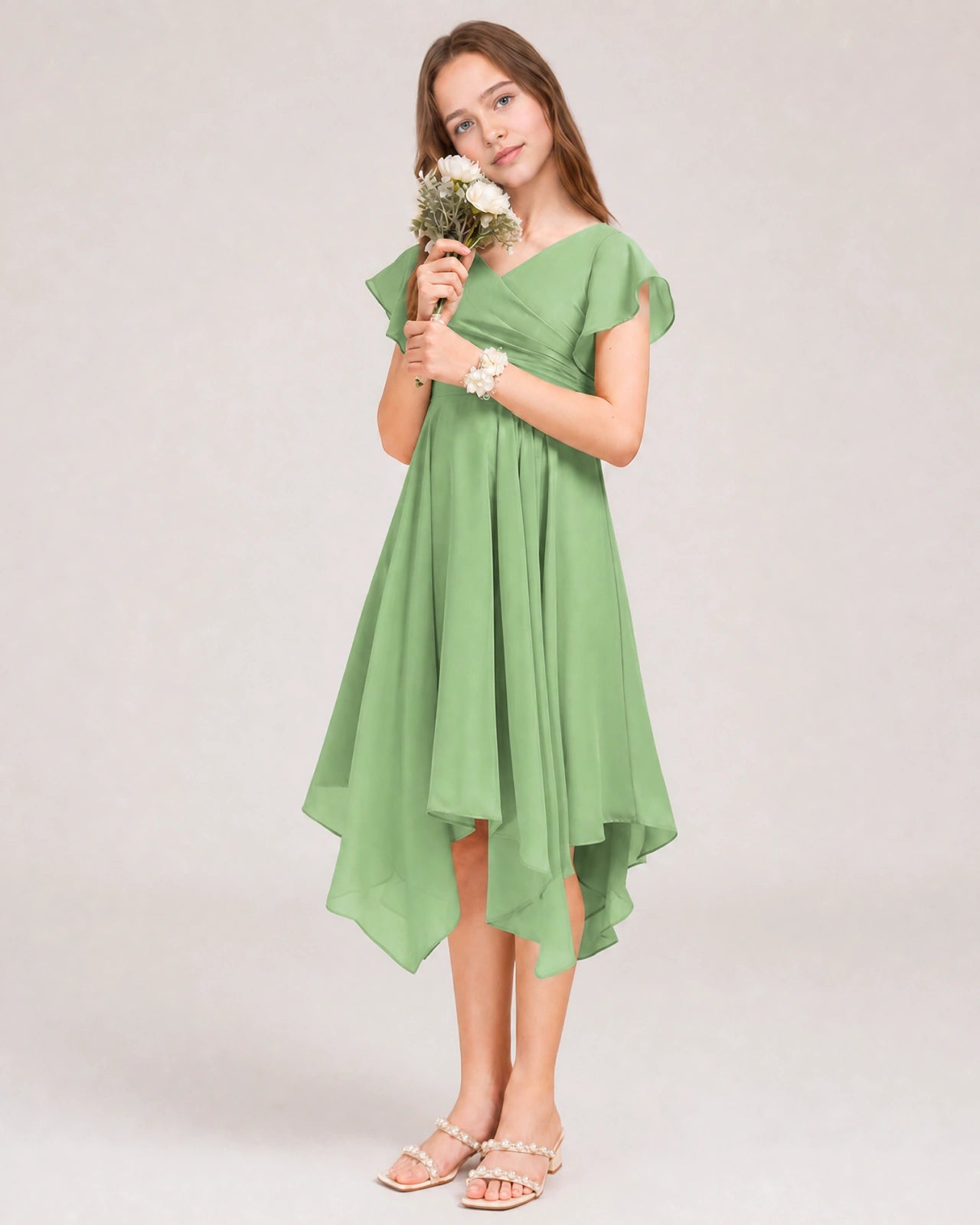 Sage Green Front Chiffon Short Junior Bridesmaid Dress