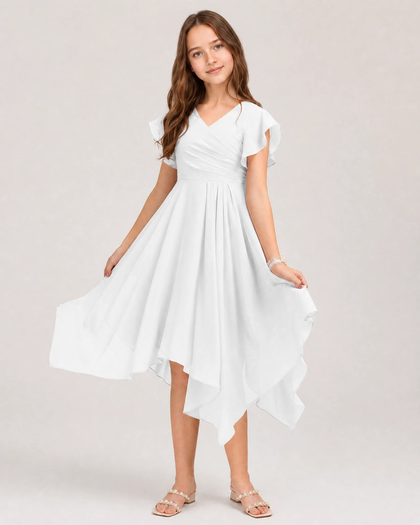 White Chiffon A-line Junior Bridesmaid Dress Front View